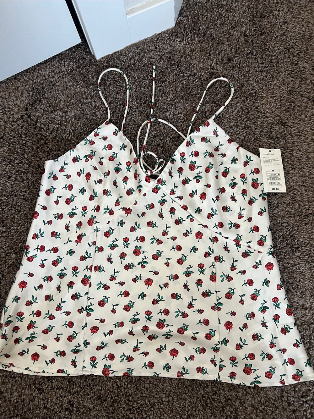 a new day White Cami Top with Red Rose Print